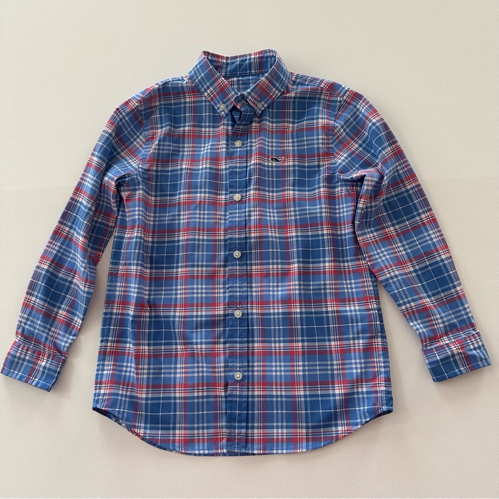 Vineyard Vines Performance Boys 6 Whale Blue Red Plaid Shirt
